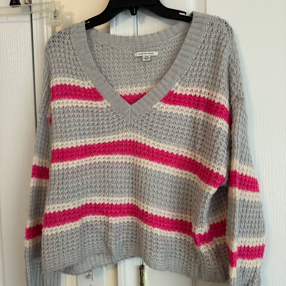American Eagle Outfitters V-Neck Striped Sweater - Gray, Pink & Cream